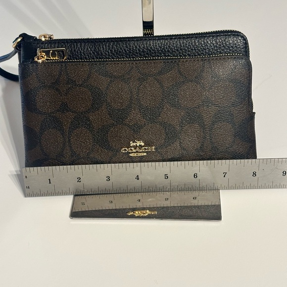 NWT Coach Double Zipper Wristlet Wallet Signature Canvas CU920 Brown Black - Picture 9 of 14